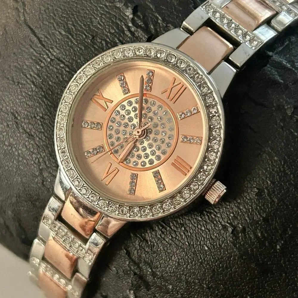 Women’s Two-tone Crystal Bezel Rose Gold Dial Watch Working New Battery